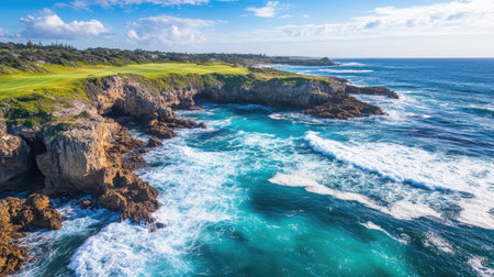 Aerial shot of waves breaking on a rocky coastline with vivid blue water and white foamの素材