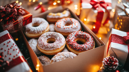 Assorted Christmas donuts in a festive box, surrounded by wrapped presents and twinkling lightsの素材