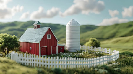 A charming red barn and silo set against lush green hills create a picturesque rural landscape. This serene outdoor scene captures the essence of farming life and nature's beauty.の素材