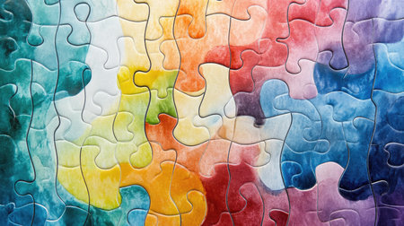 Vibrant and colorful abstract puzzle pieces showcase a unique watercolor design. Perfect for themes of creativity, connection, and playful challenges in art.の素材