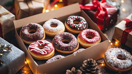 Assorted Christmas donuts in a festive box, surrounded by wrapped presents and twinkling lightsの素材