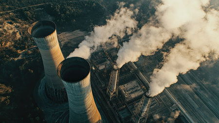 Aerial view of cooling towers at a thermal power plant with steam rising against a clear skyの素材
