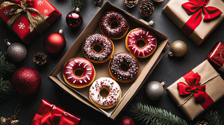 Box of Christmas-themed donuts surrounded by ornaments and gifts, ready for festive celebrationsの素材