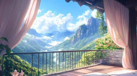 Anime-inspired mountain view balconies with flowing curtains and soft morning lightの素材