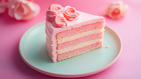 A slice of a delicious pink layer cake topped with creamy frosting and decorative roses. Perfect for celebrations, this aesthetic dessert adds joy to any occasion.の素材
