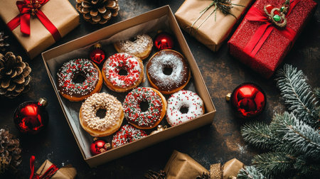 Box of Christmas-themed donuts surrounded by ornaments and gifts, ready for festive celebrationsの素材