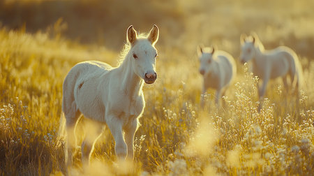 Beautiful yearlings with glossy coats and gentle eyes, roaming freely in a sunny meadowの素材