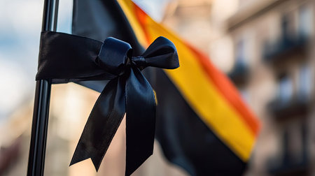 Black mourning ribbon tied to the Valencia flag, fluttering in the wind as a tribute to DANA disaster victimsの素材