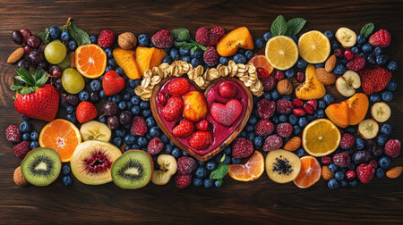 This vibrant arrangement features a variety of fresh fruits and nuts artfully displayed on a wooden surface, perfect for healthy eating inspiration.の素材