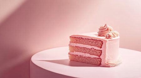 A delightful pink layer cake sits on a white surface, showcasing three layers filled with creamy frosting, perfect for celebrations and special occasions.の素材