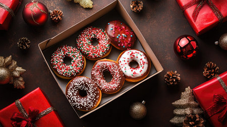Box of Christmas-themed donuts surrounded by ornaments and gifts, ready for festive celebrationsの素材