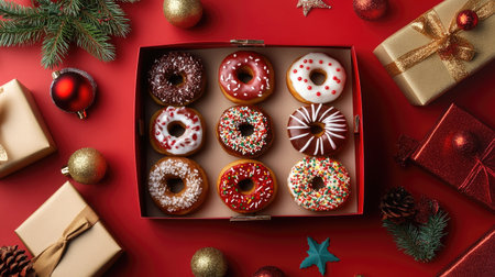 Christmas-themed donut box with intricate frosting designs and holiday surrounding itの素材