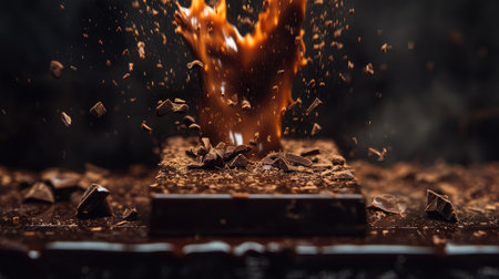 This dynamic image captures a dramatic splash of liquid chocolate with cocoa crumbs and dark chocolate pieces, creating an enticing and indulgent culinary scene.の素材