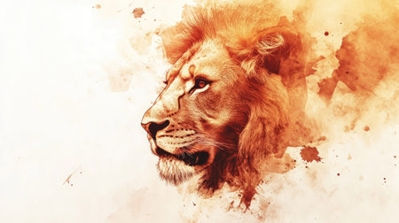 This stunning artwork features a majestic lion's head with watercolor splashes. The warm color palette showcases strength and beauty in a creative expression of wildlife.の素材