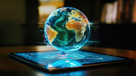 This image showcases a stunning interactive digital globe on a tablet, featuring vibrant details of Earth and dynamic holographic elements, symbolizing innovation and exploration.の素材