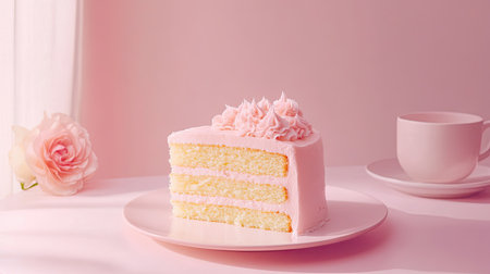 A delightful slice of pink-frosted cake rests on a chic plate beside a tea cup. The soft layers and floral touch create a serene and inviting dessert scene.の素材