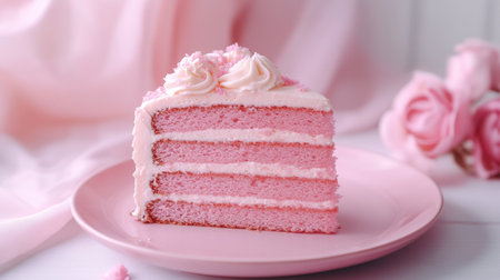 A beautifully presented pink cake slice adorned with cream and surrounded by soft roses. Perfect for celebrations and dessert photography, capturing elegance.の素材