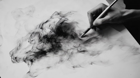 A creative hand uses an ink pen to draw swirling smoke patterns on paper, showcasing artistic expression and imagination in monochrome tones.の素材