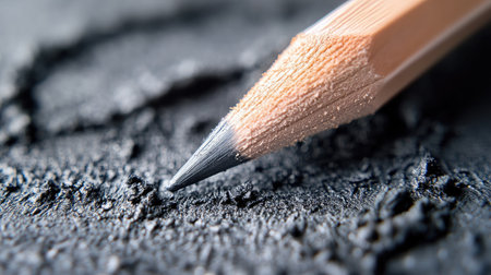 A close-up image showcasing the tip of a sharpened wooden pencil resting on a textured black surface. This artistic shot highlights details ideal for creative projects.の素材