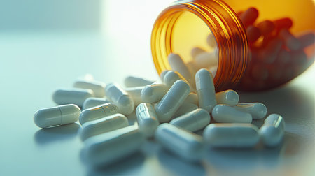 A close-up view of white capsules spilling from an orange pill bottle onto a smooth surface. The image represents themes of health and medication management.の素材