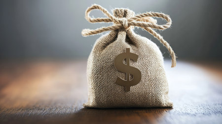 A burlap money bag featuring a dollar sign sits on a rustic wooden table, symbolizing wealth and financial transactions in a simple yet impactful way.の素材