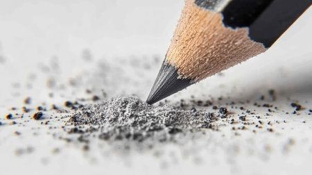 This macro shot captures the fine gray graphite powder created by a sharpened pencil tip, showcasing the intricate details of the artistic process.の素材