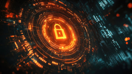 A futuristic representation of digital security with a glowing lock symbol amid a vibrant data flow. Ideal for technology, cybersecurity, and innovation themes.の素材