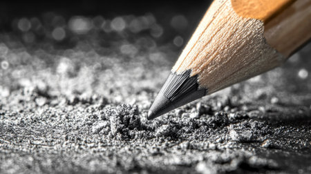 This close-up photo captures a sharpened pencil resting on a bed of graphite shavings, highlighting textures and details. Perfect for art and education.の素材