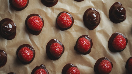 A visually appealing arrangement of chocolate covered strawberries on parchment paper. Ideal for showcasing sweet treats, desserts, or gourmet snacks.の素材