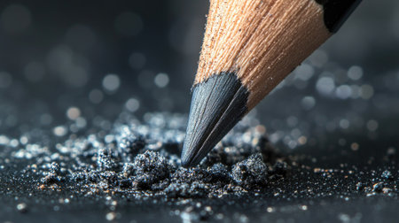 A detailed close-up of a sharpened pencil tip resting on a shimmering pile of graphite dust. This macro shot highlights the texture and materials, perfect for art and design themes.の素材
