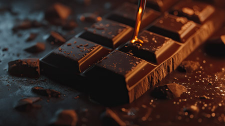 A closeup of rich dark chocolate with melted chocolate pouring over the pieces, creating an indulgent and appetizing scene, perfect for dessert lovers.の素材