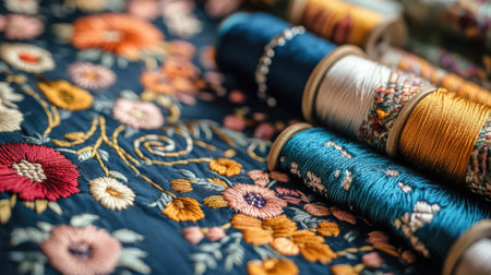 Vibrant embroidery threads in various colors lay atop a beautifully patterned fabric, showcasing the artistry of textile design. Perfect for crafting inspiration.の素材