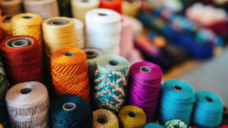 A vibrant display of colorful spools of thread and yarn, perfect for sewing and crafting projects. This image captures the essence of creativity and artistry in a studio environment.の素材