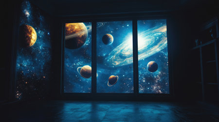 This stunning image features a breathtaking view of various planets and a vibrant galaxy visible through a window. Ideal for space enthusiasts and interior decor.の素材