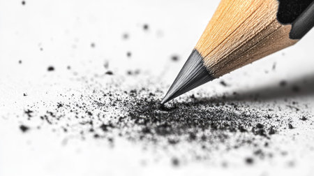 A close-up image showcasing a sharpened pencil with graphite dust on a clean paper background, perfect for creative, educational, and artistic themes.の素材