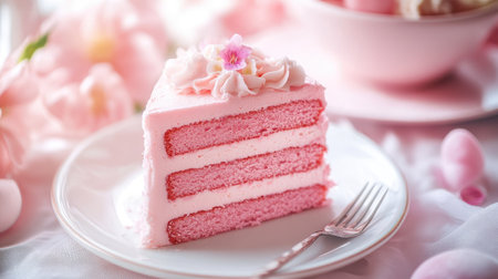 A delightful slice of pink cake adorned with floral frosting sits on a white plate. This appetizing dessert captures the essence of sweetness and beauty, perfect for any celebration.の素材