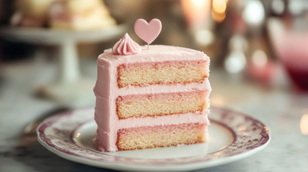 A delightful slice of pink cake presented elegantly on a decorative plate. Perfect for celebrations, this sweet treat features layers of soft sponge and creamy frosting, evoking joy and indulgence.の素材
