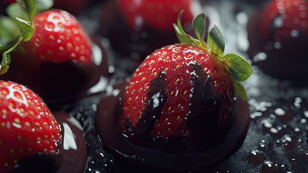 Savor the delightful combination of fresh strawberries covered in luxurious dark chocolate. Perfect for dessert lovers seeking a visually appealing treat.の素材