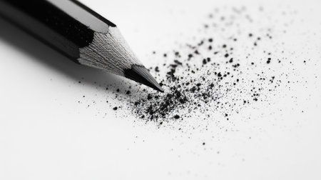A detailed close-up of a black pencil tip resting beside graphite shavings on white paper. Perfect for themes of creativity, art, and writing.の素材