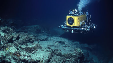 A submersible vehicle glides through the deep ocean, capturing stunning underwater scenes. This image showcases marine exploration technology and the mysteries of ocean life.の素材