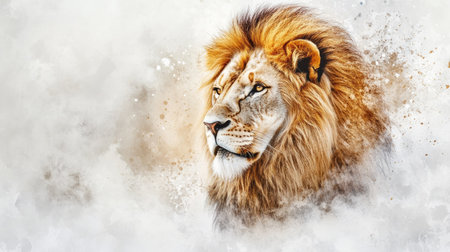 A stunning portrait of a lion showcasing its majestic features against a soft artistic background. The details highlight the beauty and strength of this magnificent animal.の素材