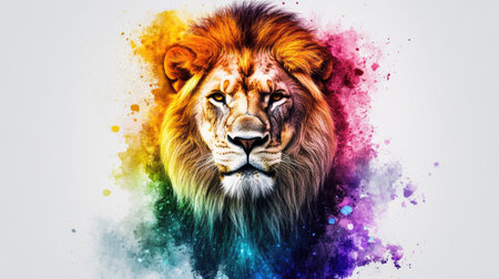 Stunning portrait of a lion surrounded by a vibrant watercolor splash. This artwork captures the majestic beauty and powerful essence of the king of the jungle.の素材