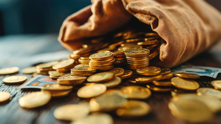 A vibrant image of golden coins spilled from a fabric bag on a wooden table, symbolizing wealth, prosperity, and financial growth. Perfect for financial themes.の素材