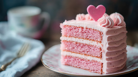 This delightful pink cake features layers of moist sponge and creamy frosting, perfect for celebrations, parties, or a sweet treat. Adorned with a heart decoration, it exudes charm and elegance.の素材