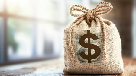 A burlap bag filled with cash represents wealth and prosperity. This image captures the essence of financial success, ideal for business and finance themes.の素材