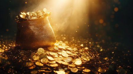 A burlap sack overflows with golden coins, creating a sense of wealth and prosperity. The soft lighting enhances the shimmering details, evoking luxury.の素材