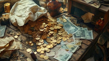 A captivating scene showcasing a mix of coins and banknotes scattered across a rustic wooden table, evoking feelings of adventure and historical wealth.の素材