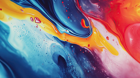 Captivating abstract artwork featuring a vibrant swirl of blue, red, and yellow paint. This dynamic composition showcases movement and fluidity, perfect for modern decor.の素材