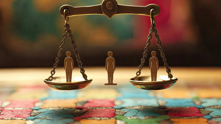 This image illustrates the concept of balance and justice, featuring scales with human figures representing equal rights and fairness in society.の素材