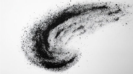 An artistic representation of black powder swirling against a white background, showcasing an abstract design. Ideal for creative projects and modern art themes.の素材